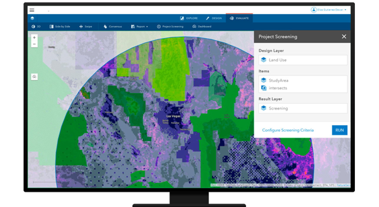 A computer monitor displaying a colorful map in purple and green alongside a legend of analysis options