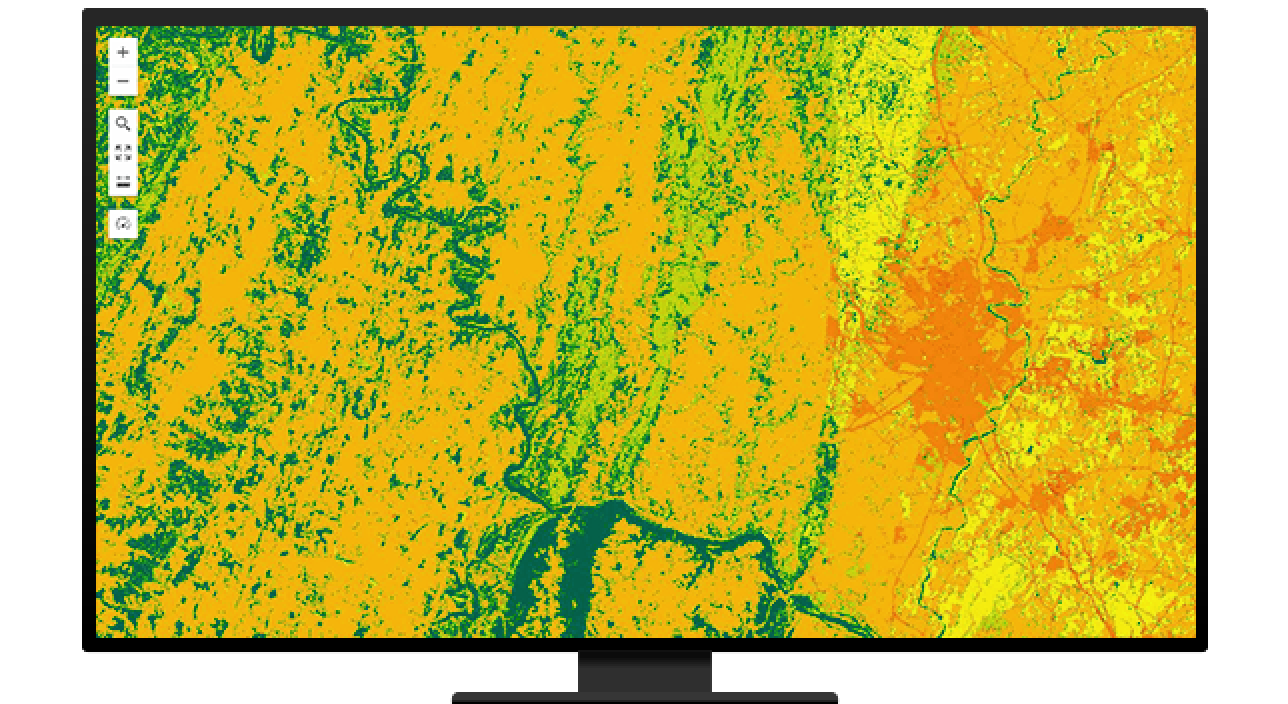 A graphic of a computer monitor displaying a heat map in yellow and red on a green background