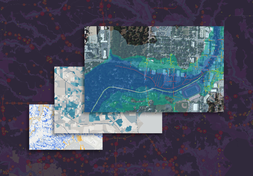 Three colorful maps overlaying one another on a purple map-like background