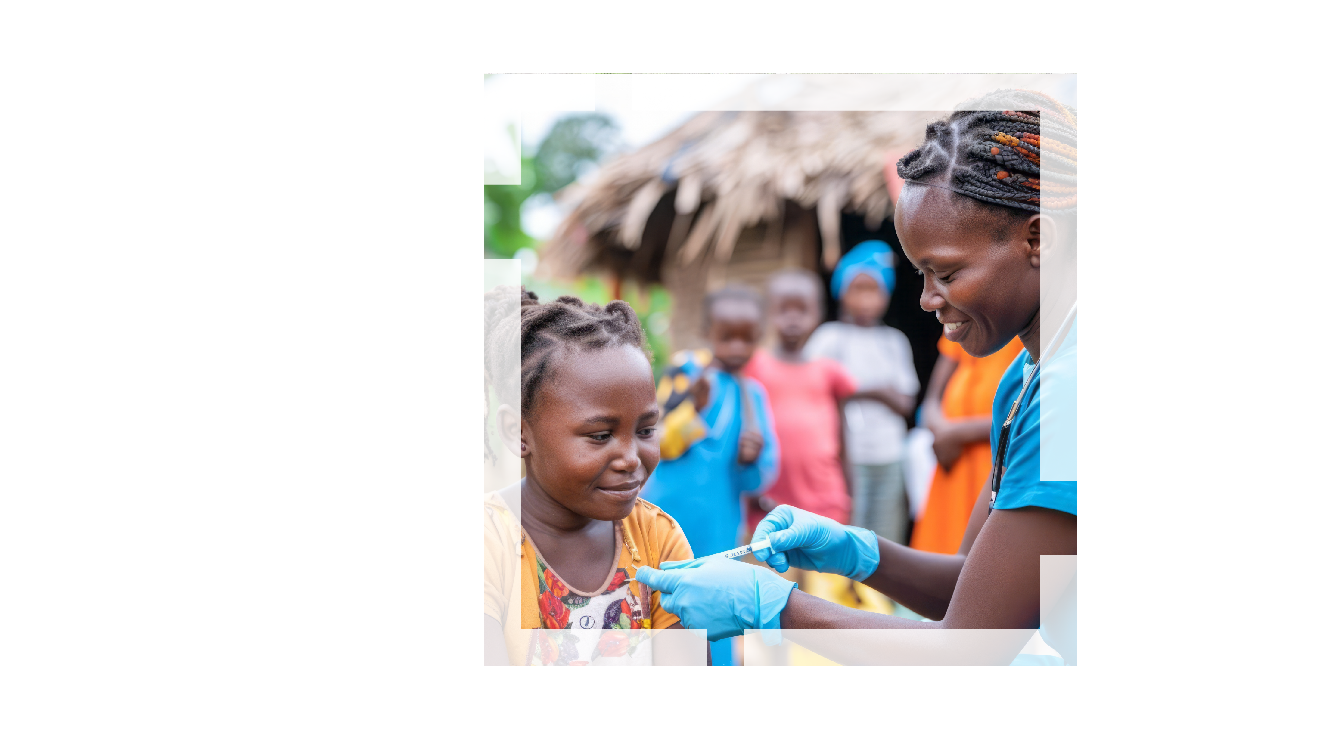 A medical professional vaccinating a child while other children in the village look on