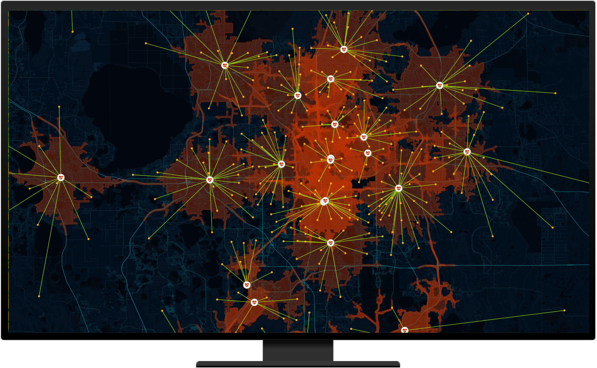 A link analysis map with bursts of orange overlaid with yellow lines clustered closely together 