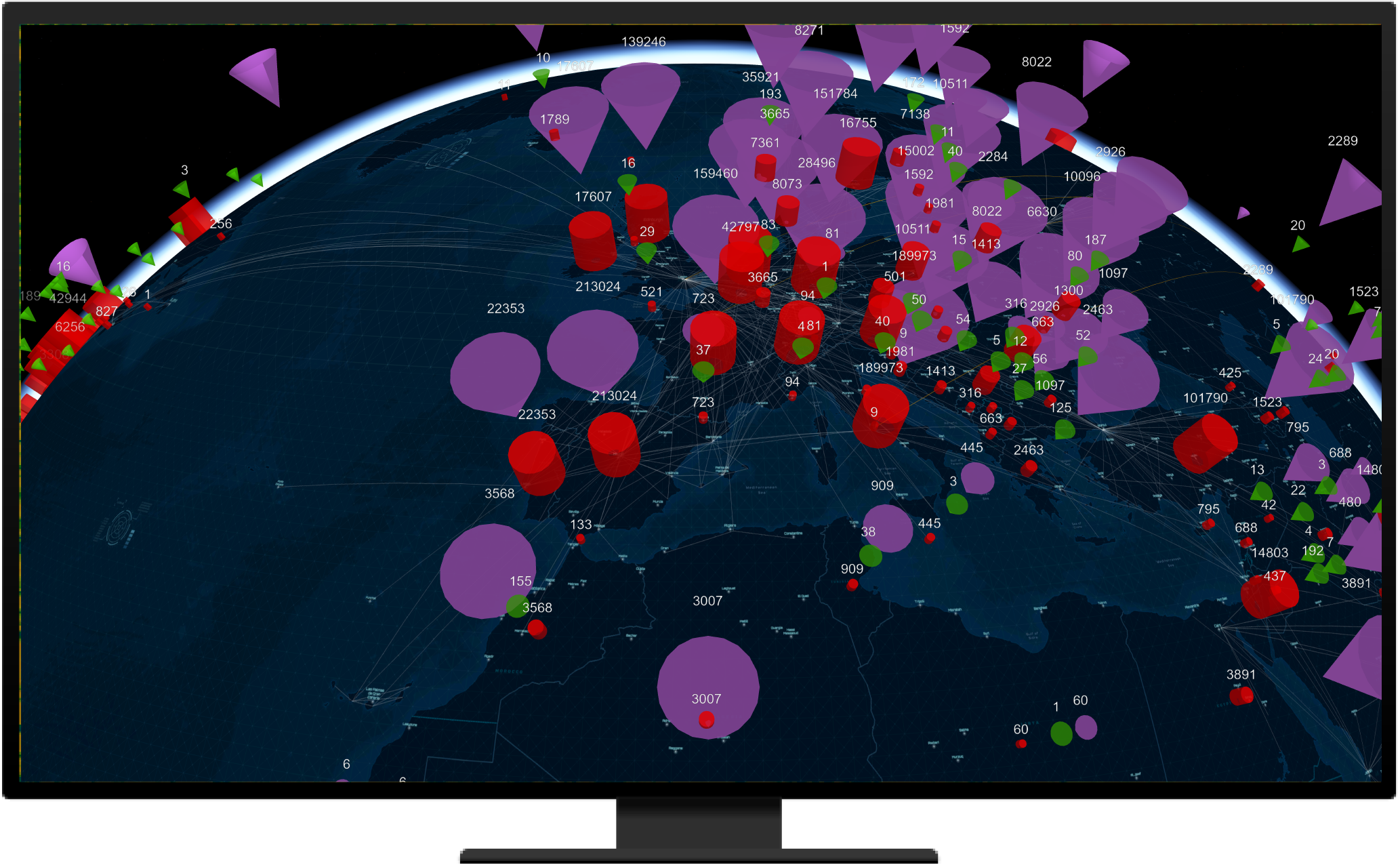 A map of half of the globe with purple and red markers dispersed across it