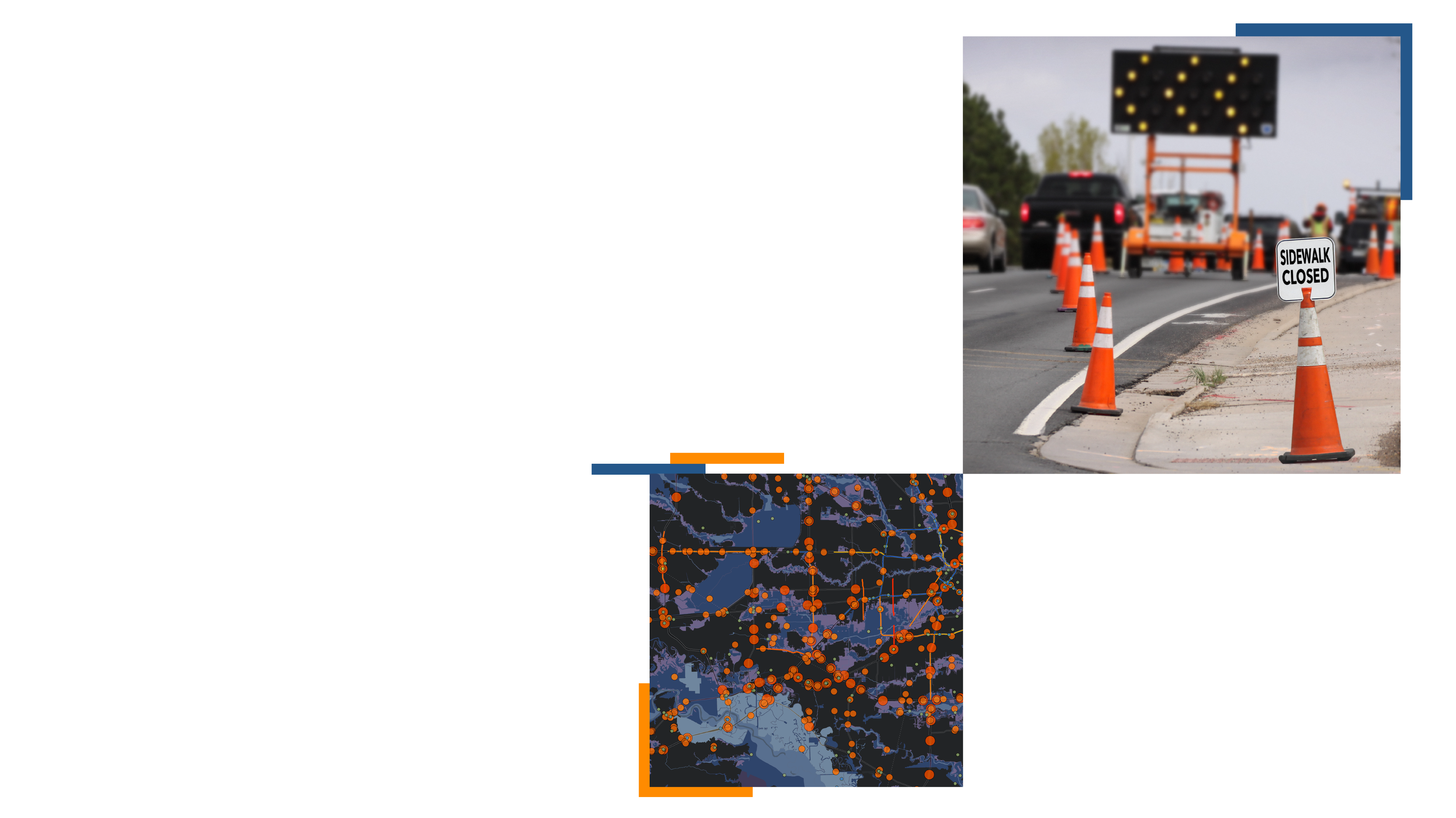 Orange traffic cones by a busy roadside and a colorful traffic map on an abstract background of violet and dark red
