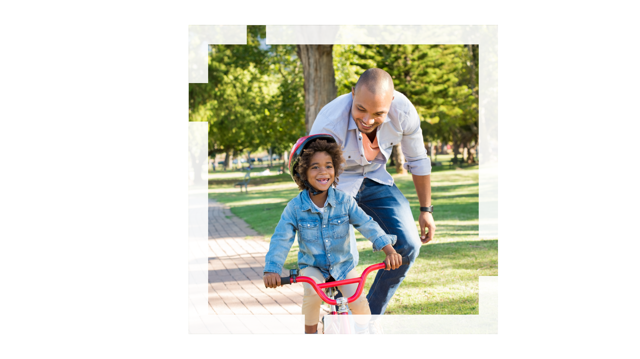 A child riding a bicycle in a park while an adult follows closely behind overlaid on an aerial view of a park