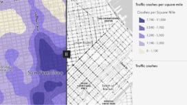 A map with one half gray and black connected lines forming a grid and the other purple showing traffic crash density 