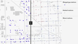 Gray map with red and blue dots in one half and purple on the other to represent merge data 