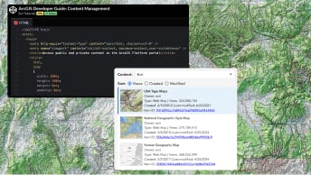 A green map with a box showing developer code and another box showing a list of data layers with text and images 