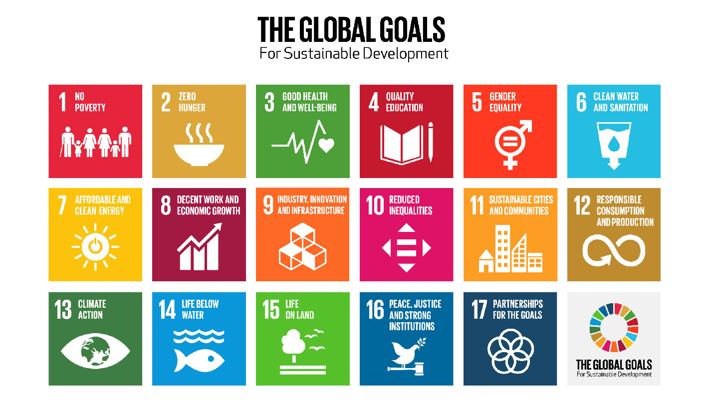 A multicolored graphic displaying the 17 sustainable development goals in small, individual boxes