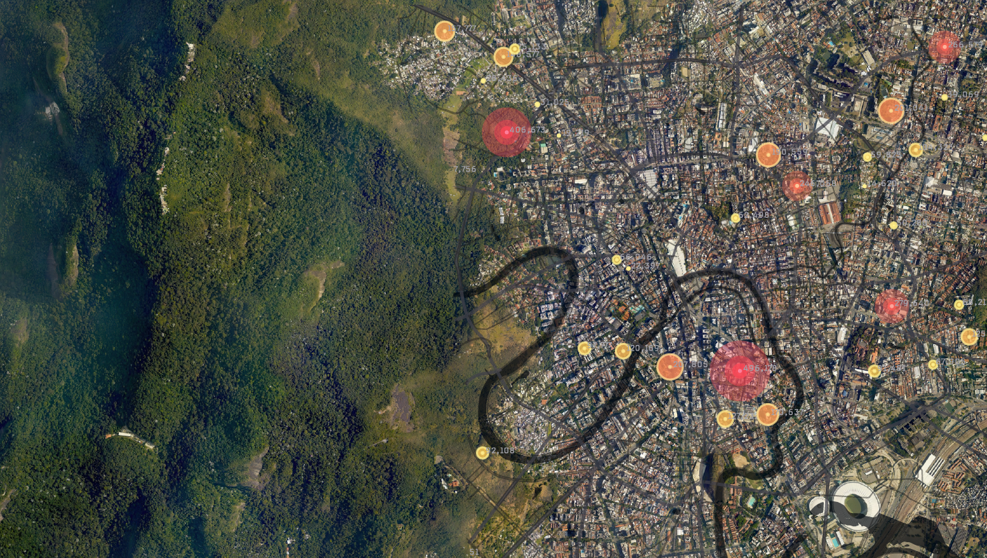 A satellite view of a densely developed area and a nearby greenspace with various locations pinpointed by orange and red circles