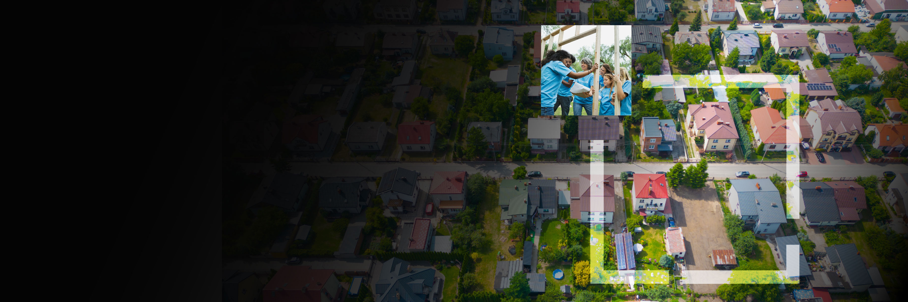 An aerial view of blocks of suburban houses overlaid with an image of people standing together near a wooden house frame