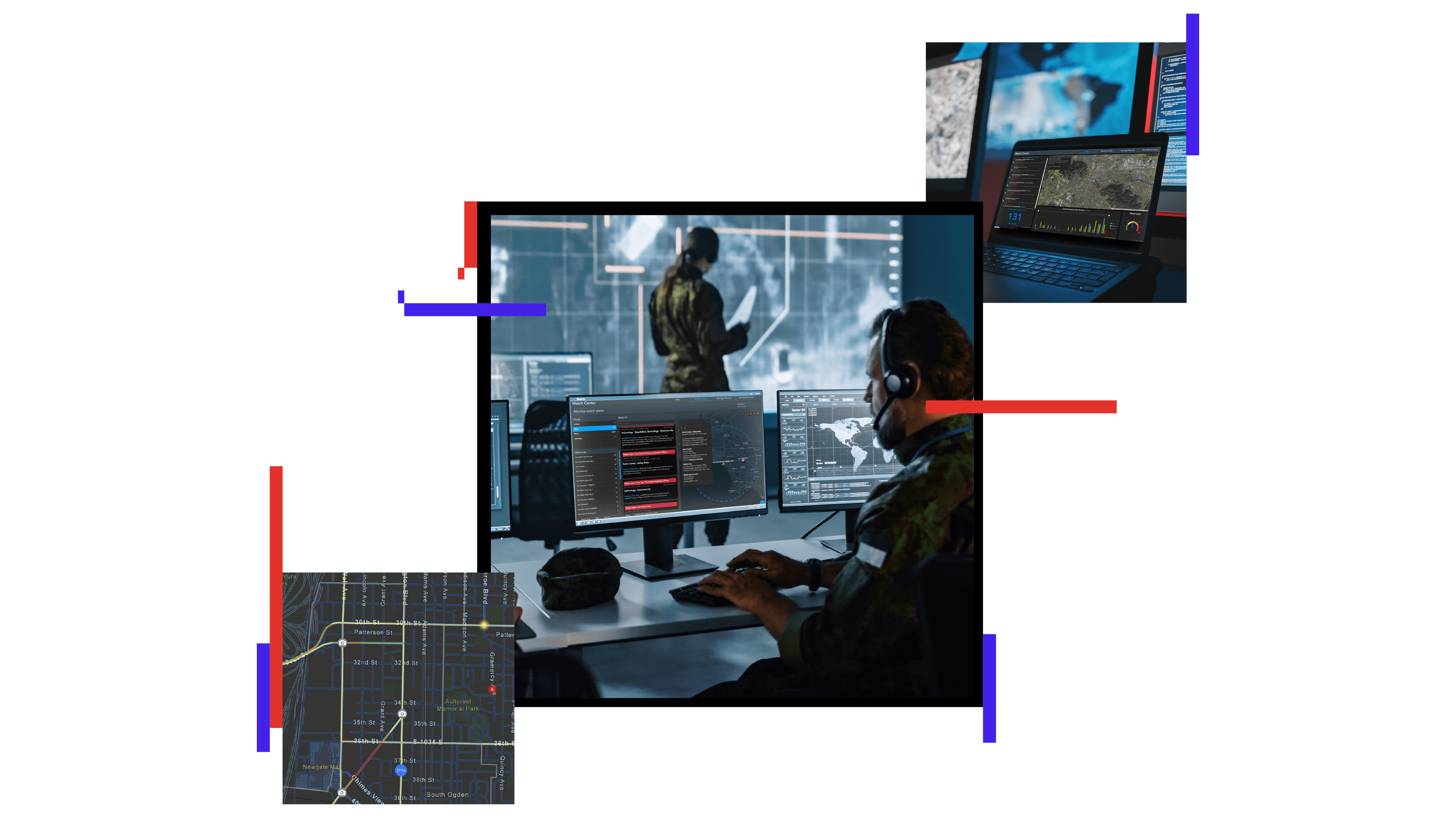 A person wearing a headset and using a computer in a command center overlaid with an image of a map and a laptop displaying a GIS dashboard