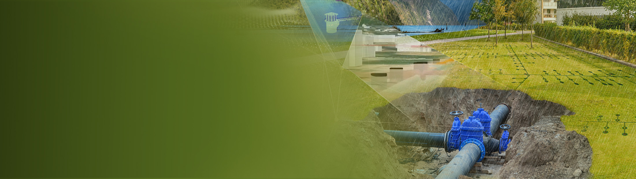 A blue utility pipe in a ditch surrounded by greenery overlaid with an asset map and a conceptual image of a group of structures