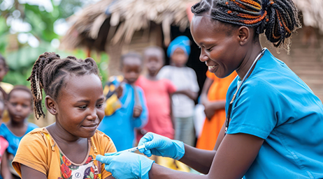 A health care worker vaccinating a child in a village as people in the background watch