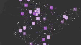 Mapa z wieloma fioletowymi znacznikami lokalizacji, każdy z wieloma liniami prowadzącymi do pobliskich punktów 