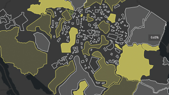 Mapa z obszarami zacieniowanymi przezroczystym żółto szarym kolorem