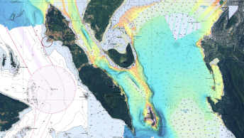 Mapa batymetryczna przedstawiająca różne głębokości oceanu w różnych kolorach 