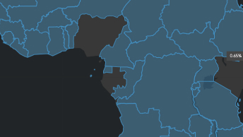 Mapa recortado de una parte de África con los países y sus fronteras resaltados en azul transparente 