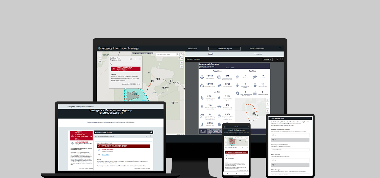 A computer monitor, laptop, tablet, and mobile device displaying data and forms about emergency information management