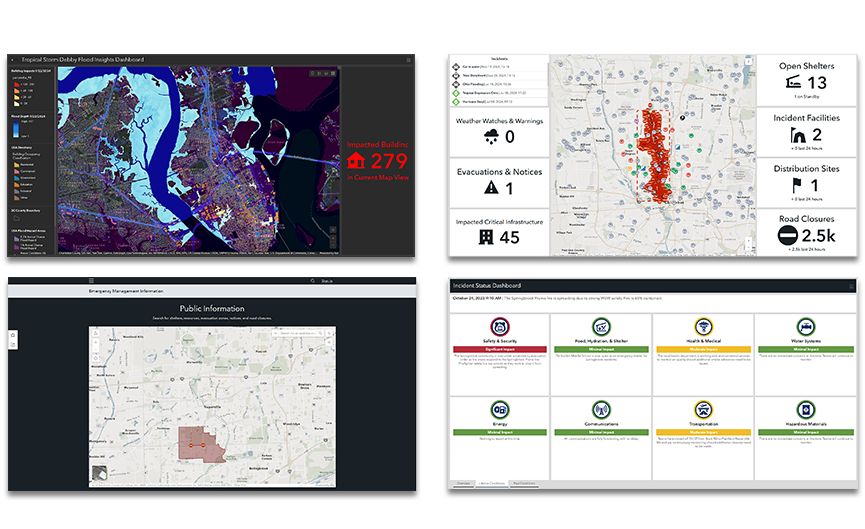 Screenshots of four different dashboards displaying maps and metrics about weather events and emergencies