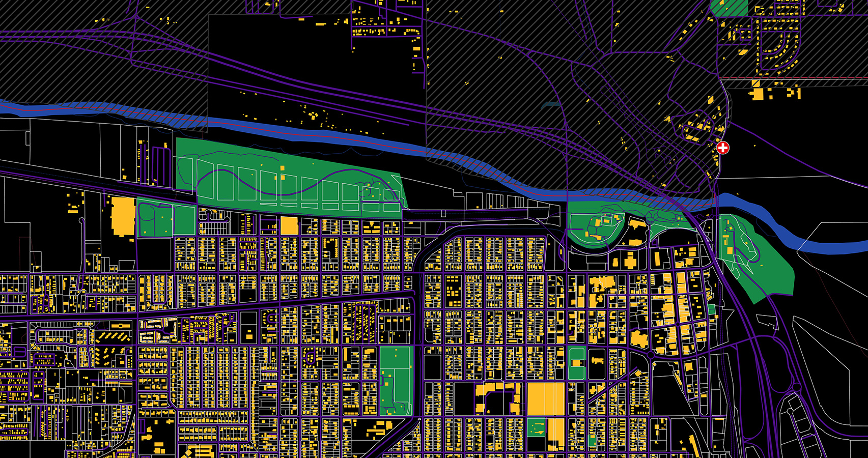 A detailed city map with roads in vivid purple and structures in bright yellow and green on a black background with a blue river flowing through the center 