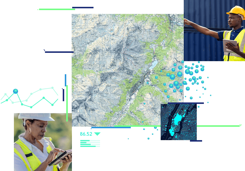 A graphic that includes green and blue lines and graphs surrounding four multi-sized squares, the smallest showing a dark dot map, two smaller squares showing mobile workers using tablets, and the largest showing a gridded map of a mountainous region