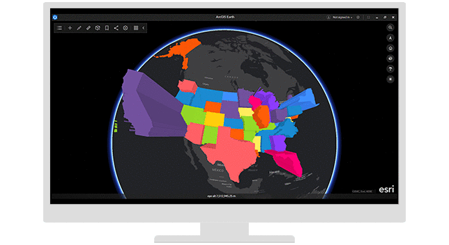 Monitoramento por computador com interface do ArcGIS Earth mostrando um mapa multicolorido dos Estados Unidos