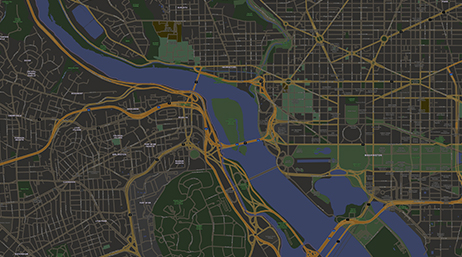 Mapa de Washington DC que muestra las carreteras principales, los canales y los espacios verdes de la ciudad en colores oscuros