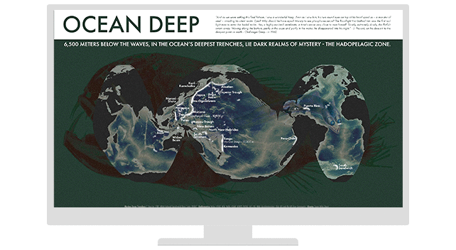 Ekran komputera z cyfrową mapą dna oceanu ze słowami napisanymi białą czcionką