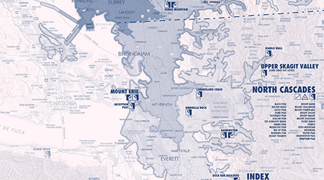 Light gray map of the North Cascades National Park and its mountain range