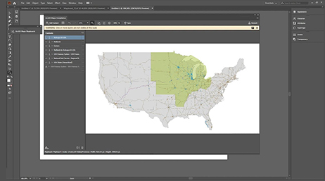 Mapa gris de los Estados Unidos abierto en un programa de diseño de software