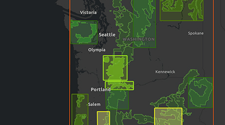 A map of Washington State with different regions highlighted in transparent green overlaid with squares 