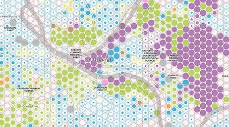 A map of Pittsburgh, Pennsylvania, covered in clusters of purple, green, and blue circles 