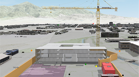 A digital 3D model of a building under construction near a crane with more buildings and a mountain range in the distance overlaid with a play button