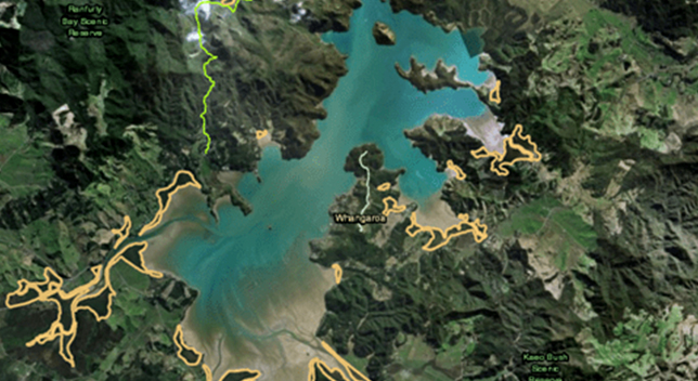 3D 绿色土地和蓝色水域的航拍影像，黄线突出显示不同区域