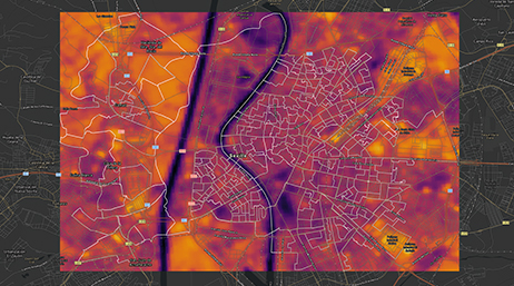 灰度地图与另一张地图叠加，不同区域以紫色、橙色和粉色阴影显示