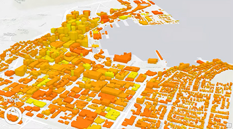 水域の近くの都市のデジタル 3D モデル