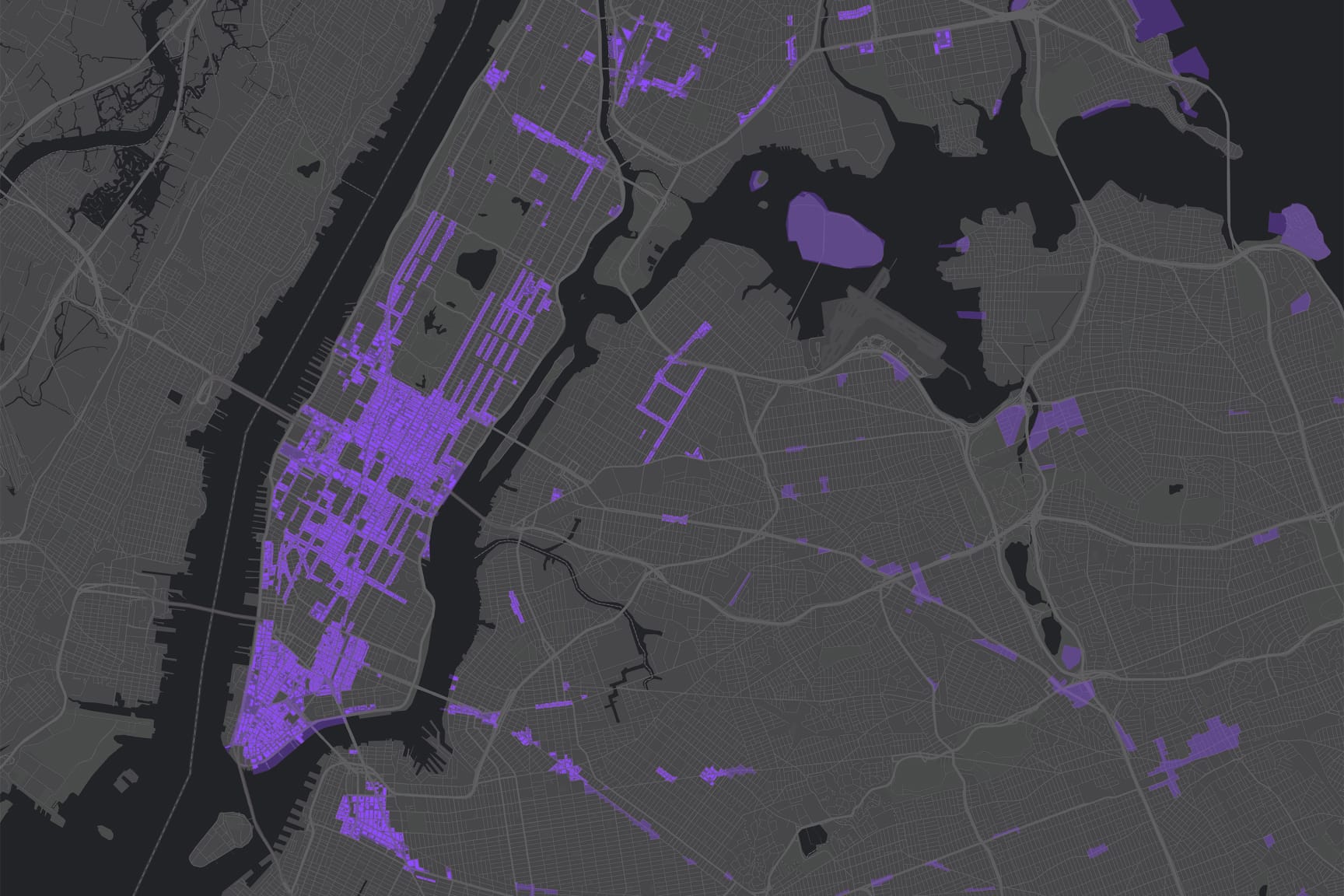 A grey and black grid-like map with portions in bright purple