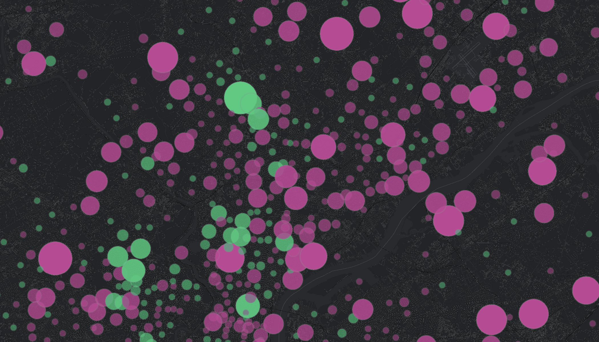 Green and pink points on a GIS map 