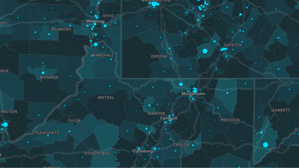 A map of Virginia with marked dots indicating population distribution.