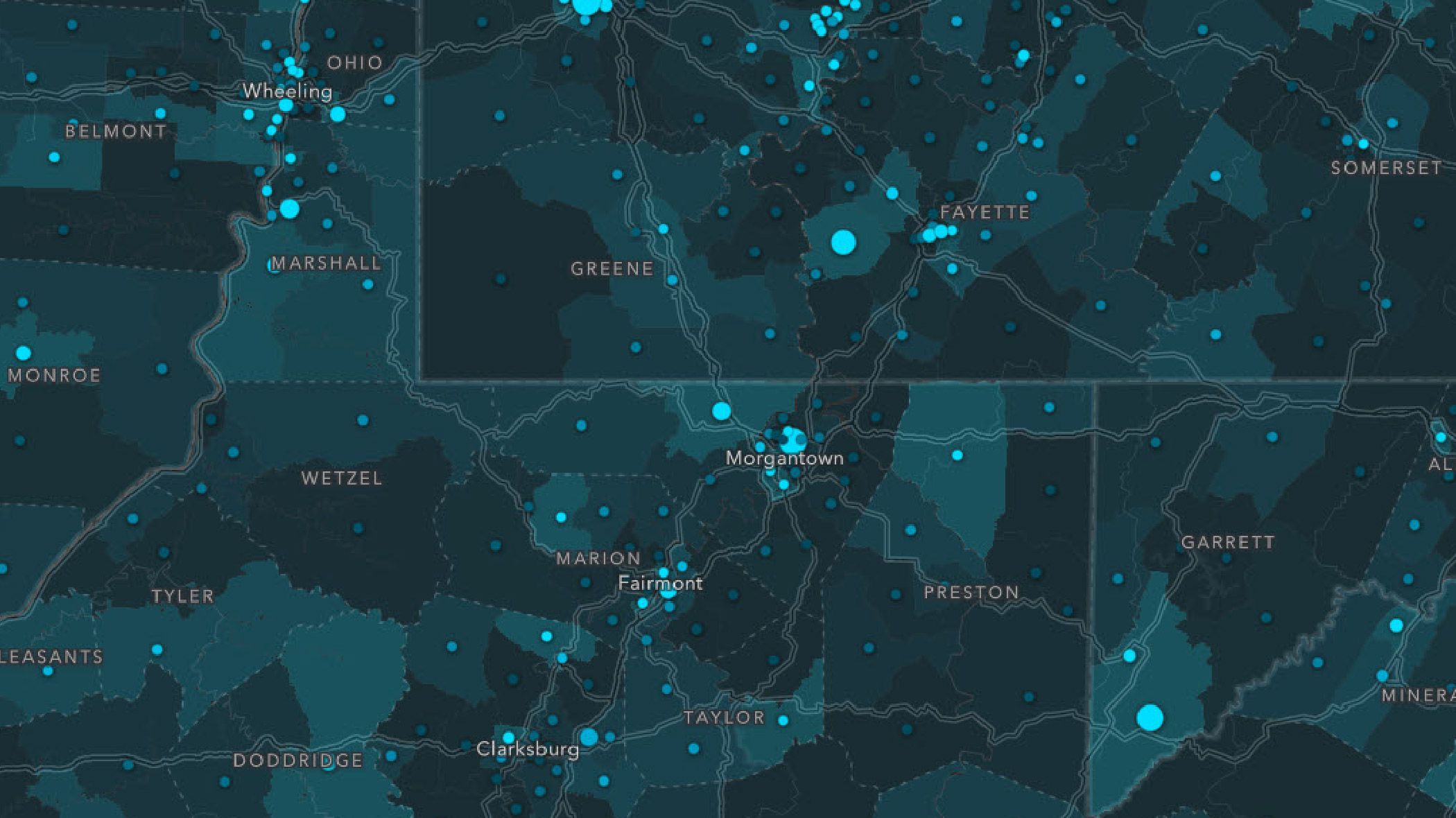 A map of Virginia with marked dots indicating population distribution.