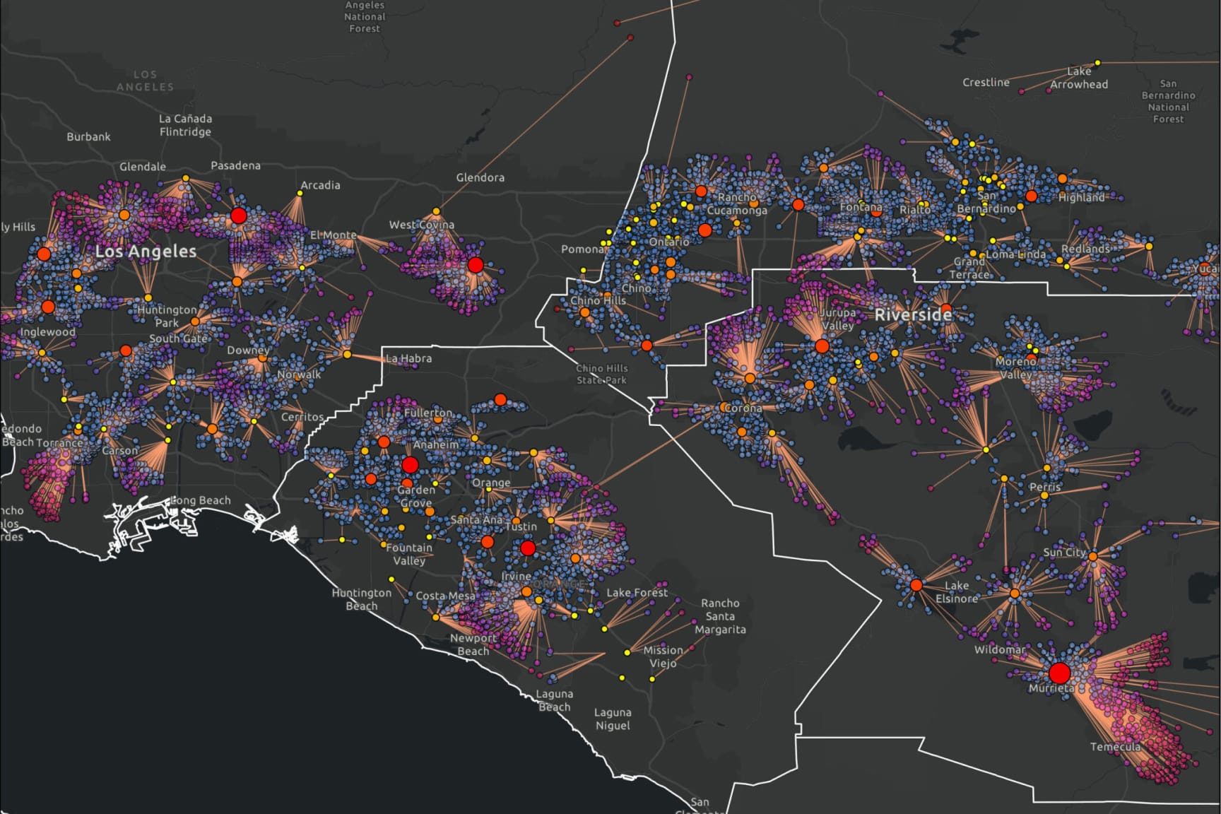 Black map of network adequacy throughout Los Angeles County.