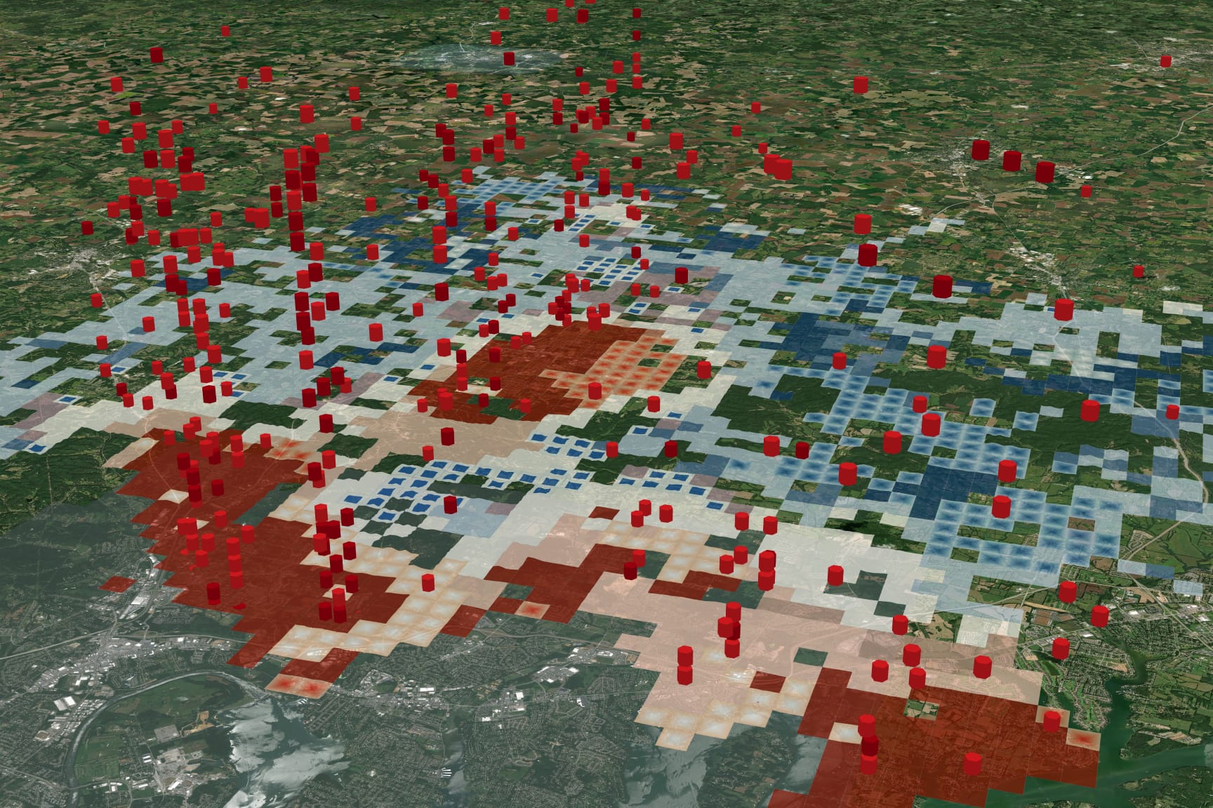 Aerial base map with hotspot analysis & 3D extruded features. 