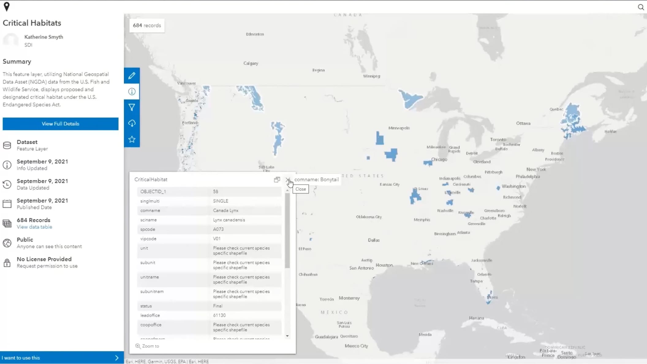 The interface of ArcGIS Online displaying a map of the United States marked with habitat areas overlaid with two menu panes