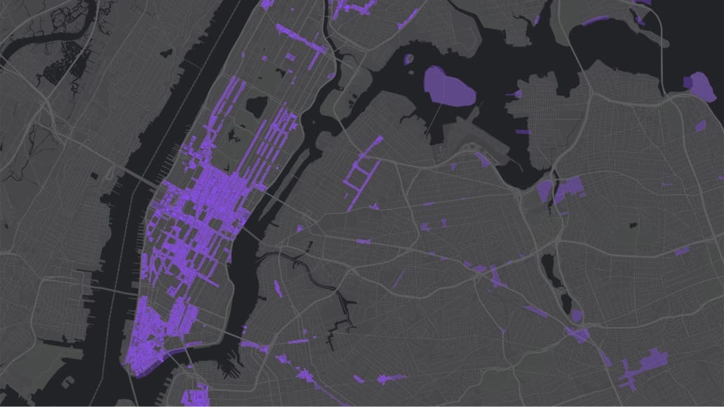 A grey and black grid-like map with portions in bright purple