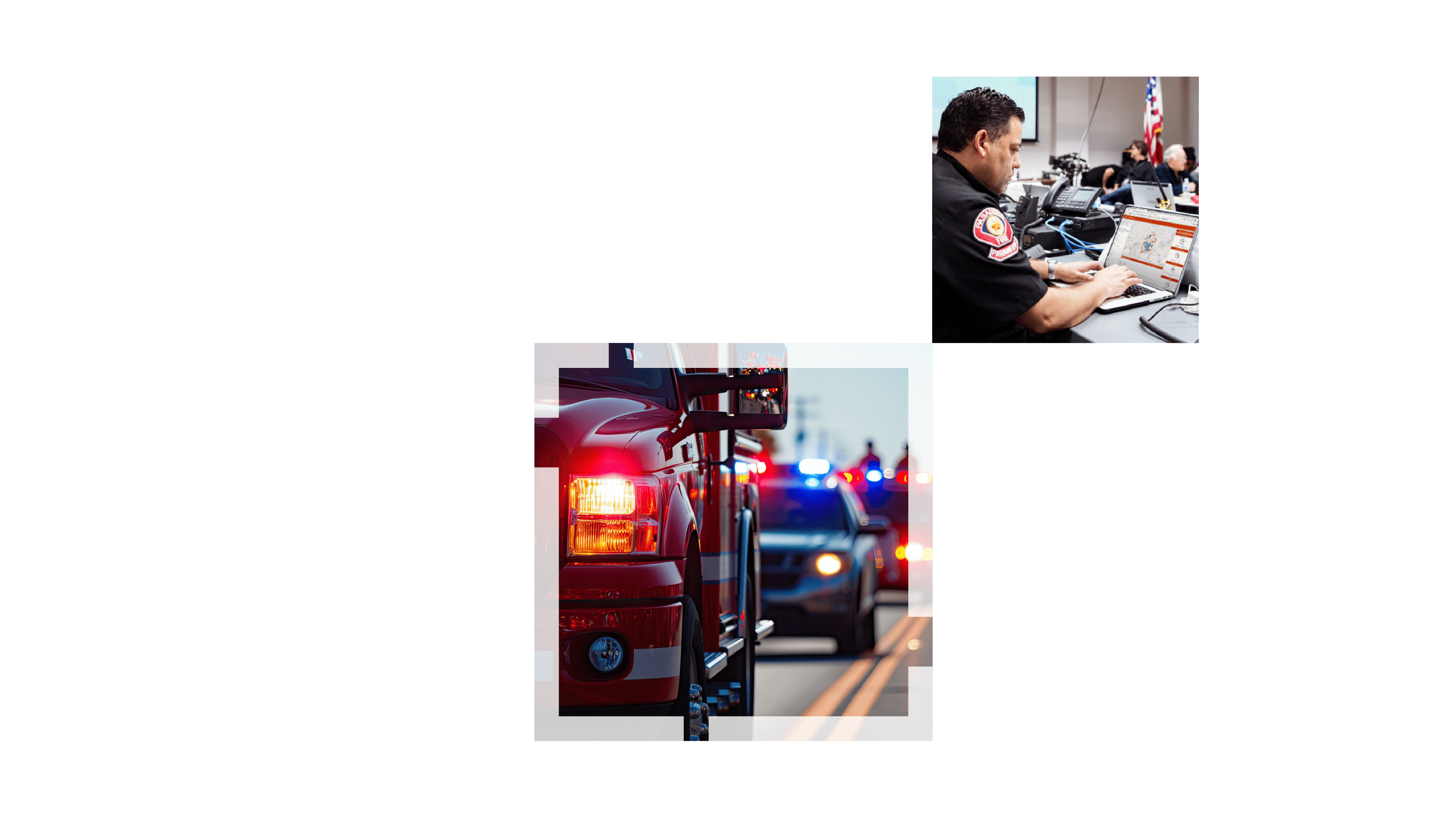 Multicolored map overlaid with photos of a paramedic using an office laptop and a close view of emergency vehicles on the road