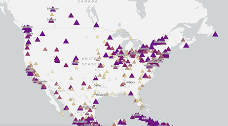 A map of the United States with points across the country marked with purple triangles