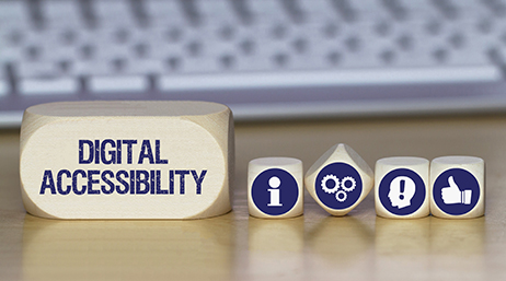 A graphic with a row of four small rounded white blocks sitting on a table in a row, each bearing an icon related to information and systems, and a fifth larger block printed with the words "digital accessibility"