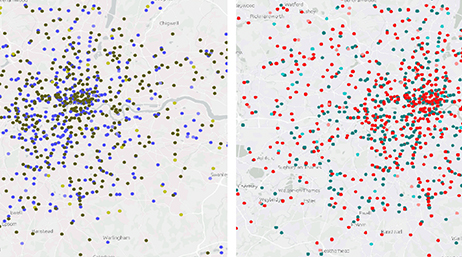 Two cluster maps side by side, one with dispersed purple dots and the other with dispersed red dots 