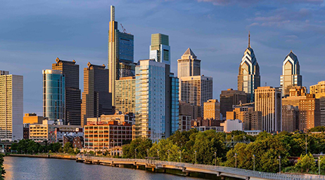 The downtown Philadelphia skyline under a blue sky