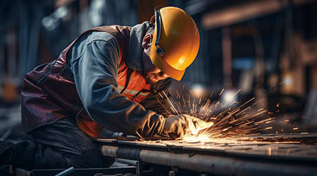 A person wearing gloves, an orange safety vest, and a yellow hard hat carefully welding a flat sheet of metal in a large industrial workshop 